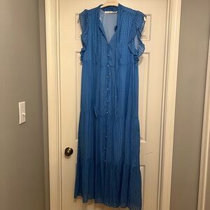 Blue maxi dress with tie at neck.